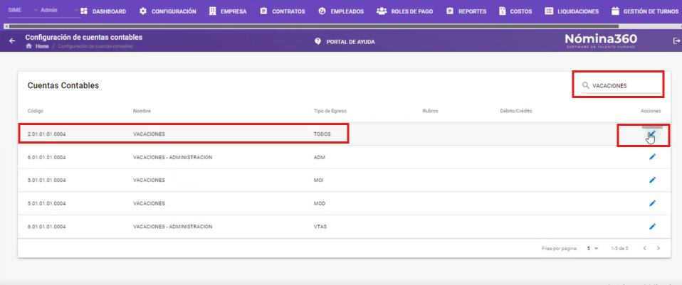 Cuenta Vacaciones por Pagar lista para editar