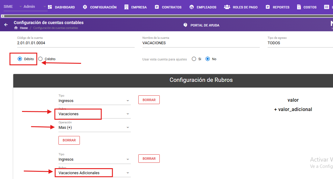 Configuración del tipo Ingresos y rubro de vacaciones en la cuenta