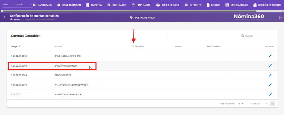 Configuración de la cuenta de crédito con tipo de egreso Todos