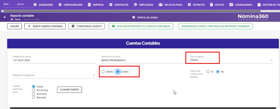 Confirmación de la cuenta con Crédito y Tipo de Egreso Todos