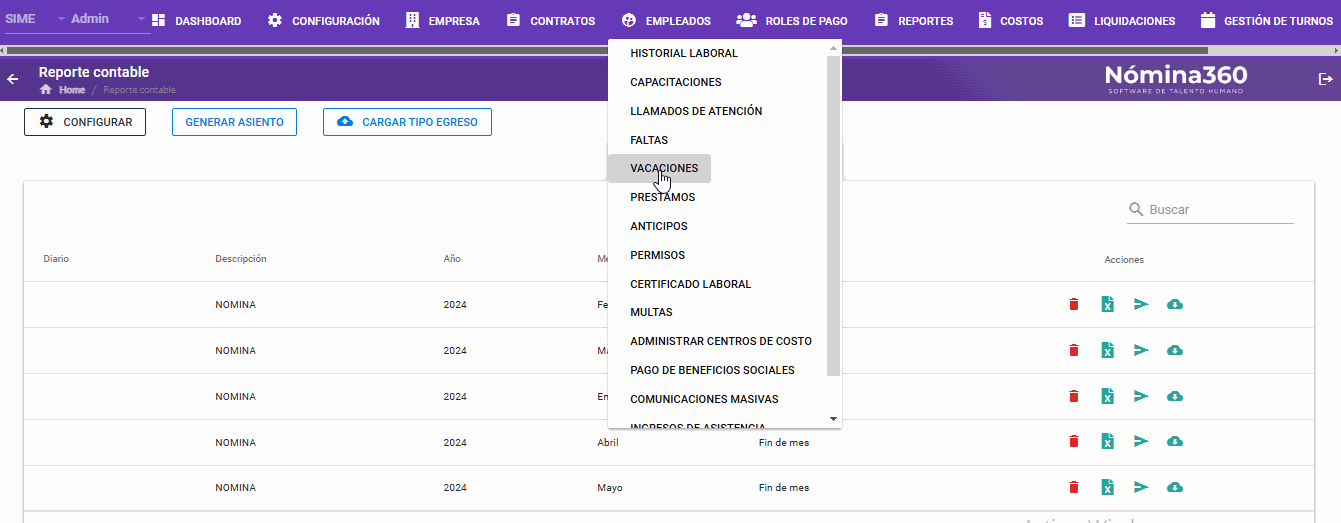 Acceso nuevamente a Configuración de Cuentas desde Liquidación de Vacaciones