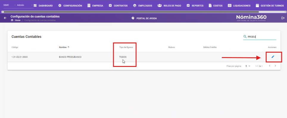 Cuenta del banco lista para editar en Configuración de Cuentas