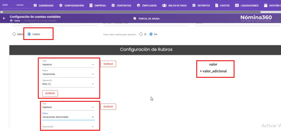 Configuración de la cuenta de crédito con rubros Vacaciones y Vacaciones Adicionales