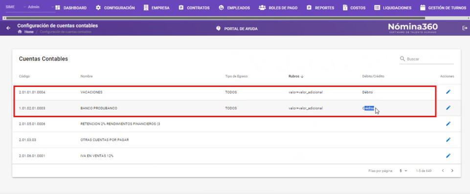 Cuenta configurada para débito y crédito
