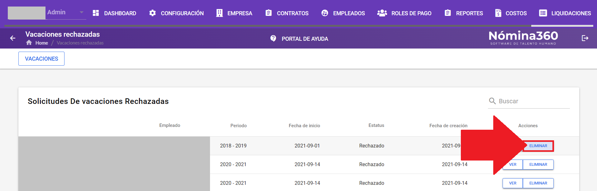 Botón Eliminar en una solicitud rechazada
