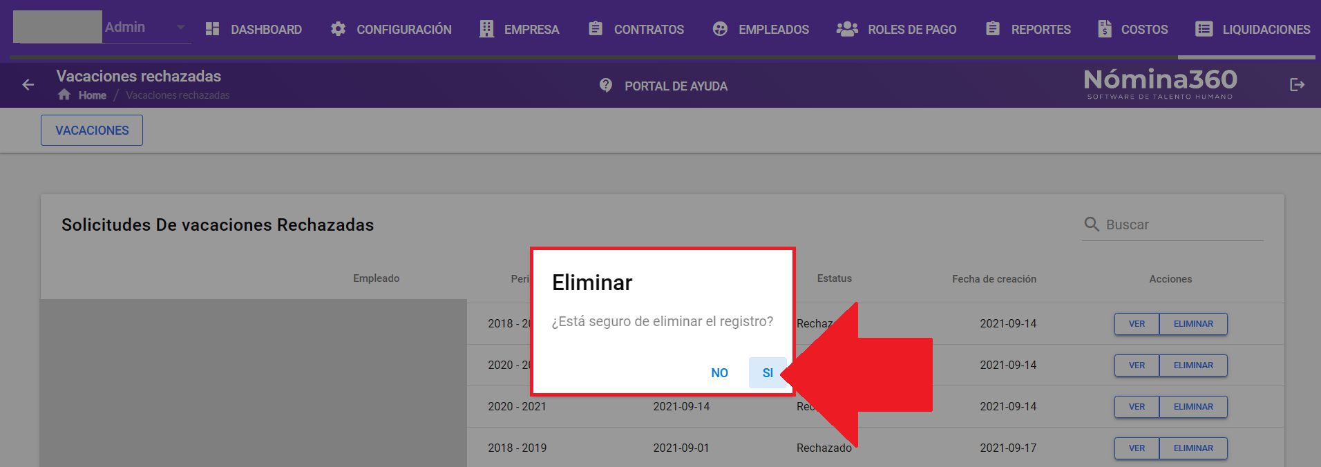 Cuadro de confirmación de eliminación de solicitud rechazada