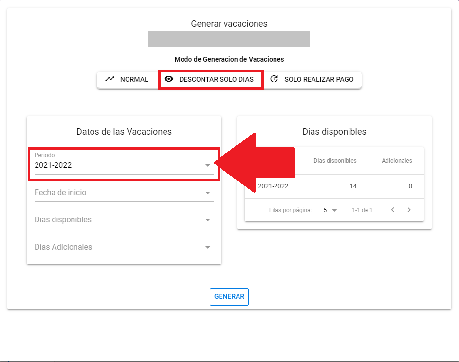 Selector de Período con días normales y adicionales disponibles