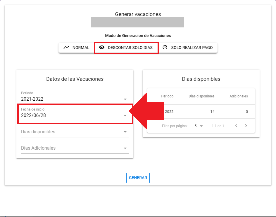 Selector de Fecha de inicio del goce de vacaciones