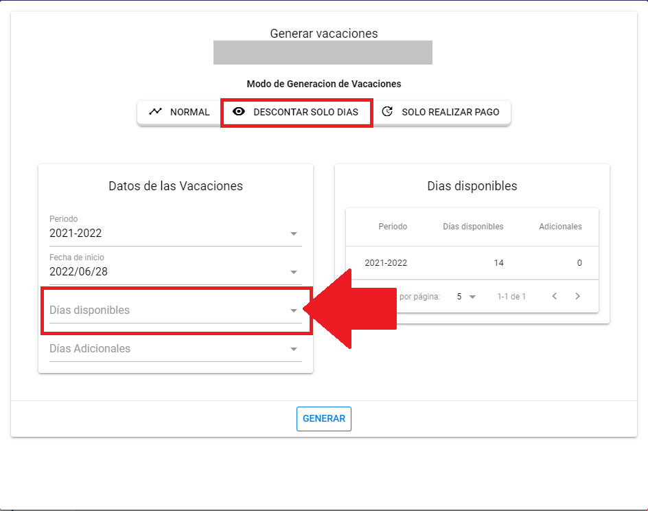 Campo Días disponibles para indicar los días a gozar