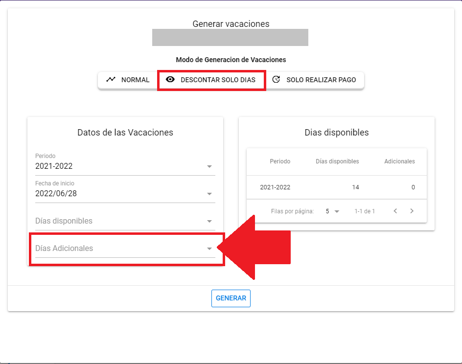 Campo Días Adicionales para gozar y descontar días adicionales acumulados