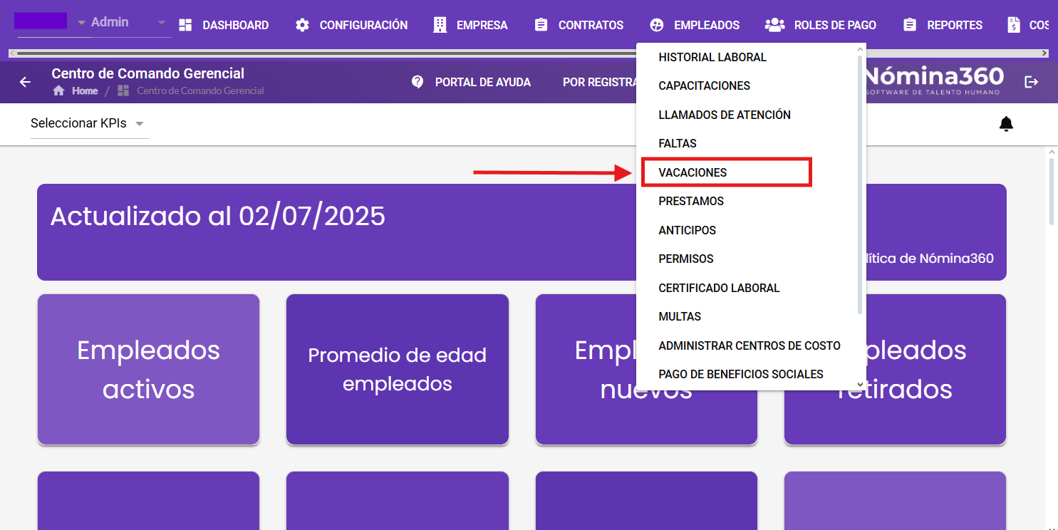 Submenú con la opción Vacaciones