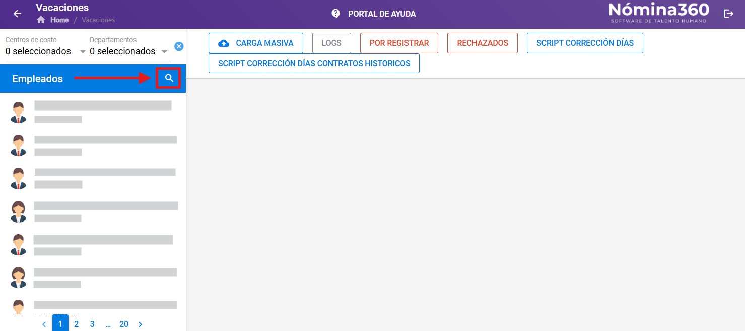 Cuadro de búsqueda del empleado en la pantalla de vacaciones