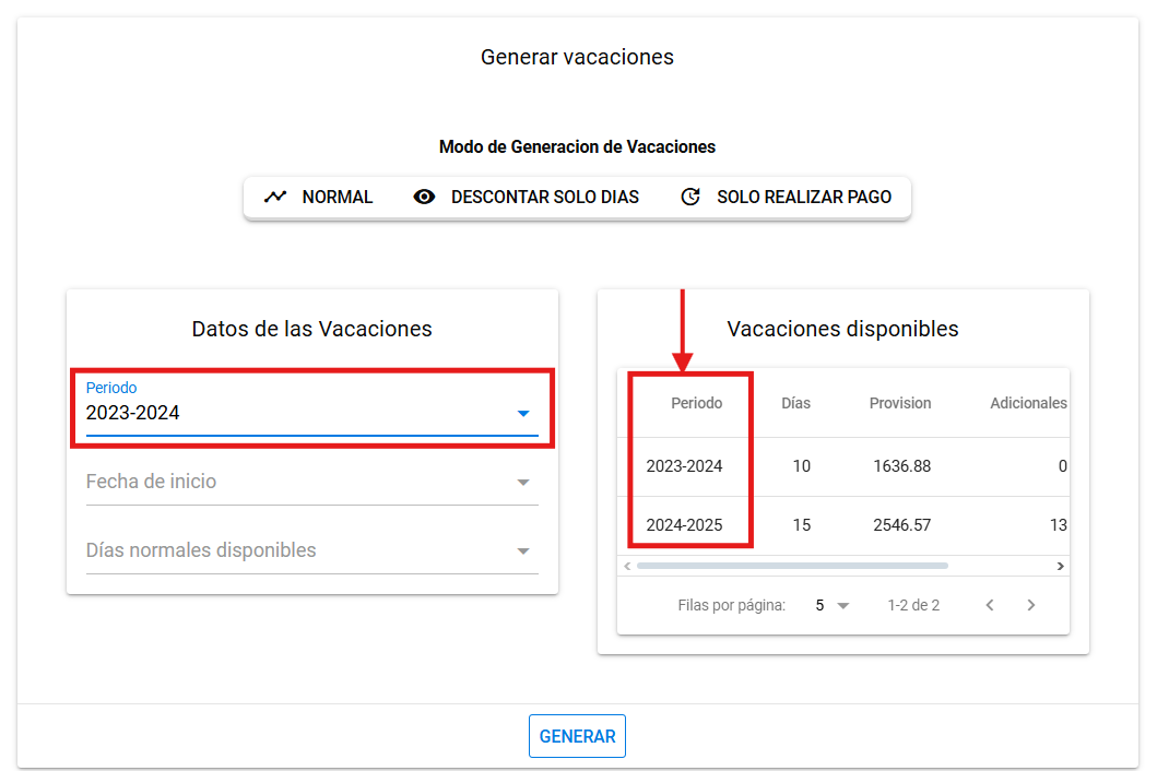 Selector de Período con los períodos disponibles del empleado