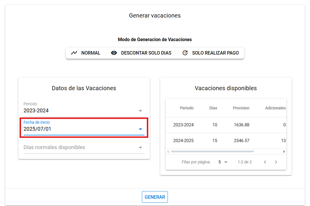 Selector de Fecha de Inicio del goce de vacaciones