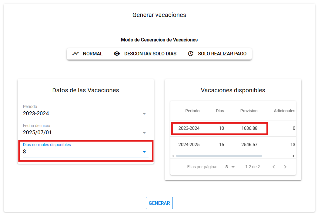 Ingreso de días a gozar y panel de Vacaciones Disponibles