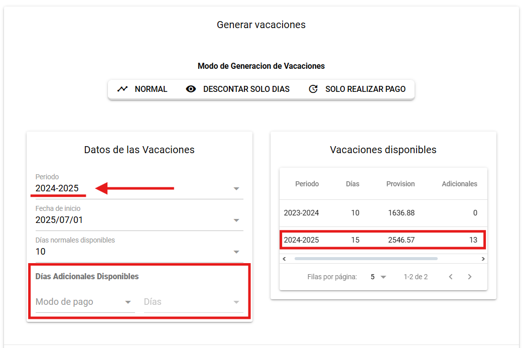 Días Adicionales disponibles en el período del empleado
