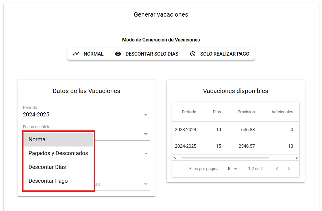 Selector de Método de Pago para días adicionales