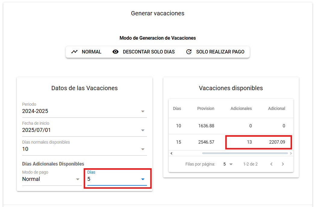 Selección de Días Adicionales a gozar