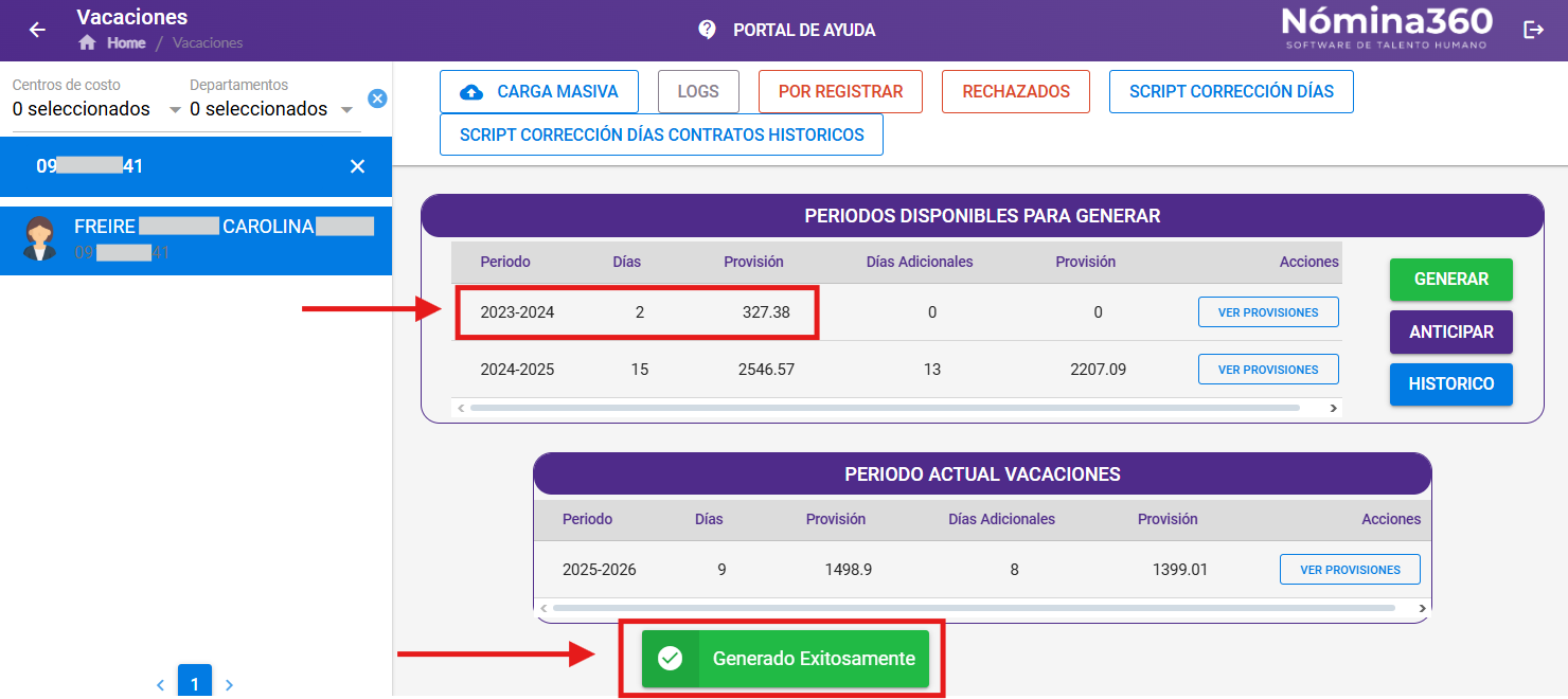 Pantalla de verificación con los días restantes del período