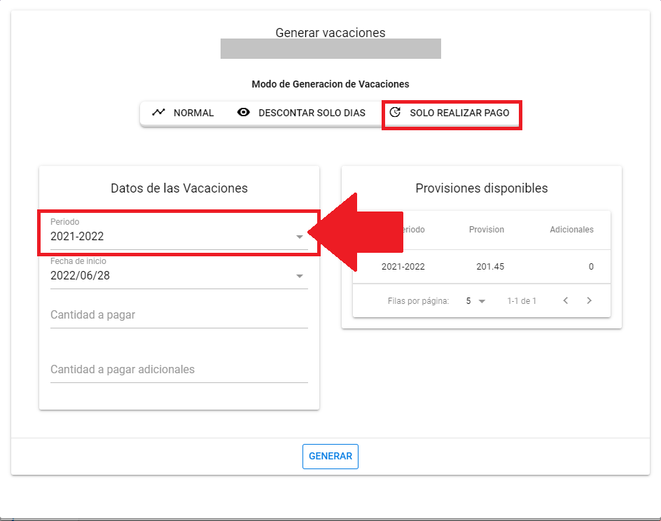 Selector de Período con la provisión disponible en dólares