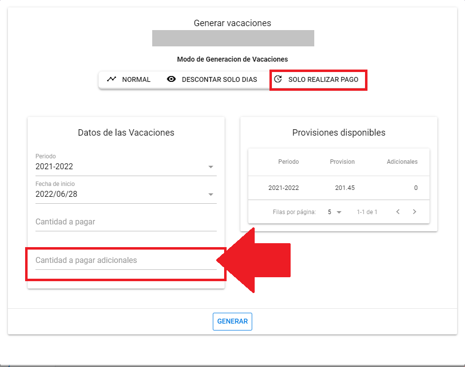 Campo Cantidad a pagar adicionales de la provisión adicional