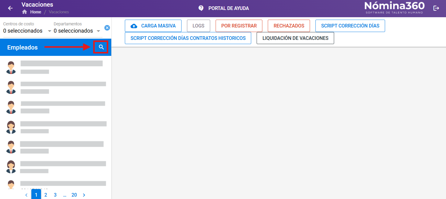 Cuadro de búsqueda del empleado en el módulo de vacaciones