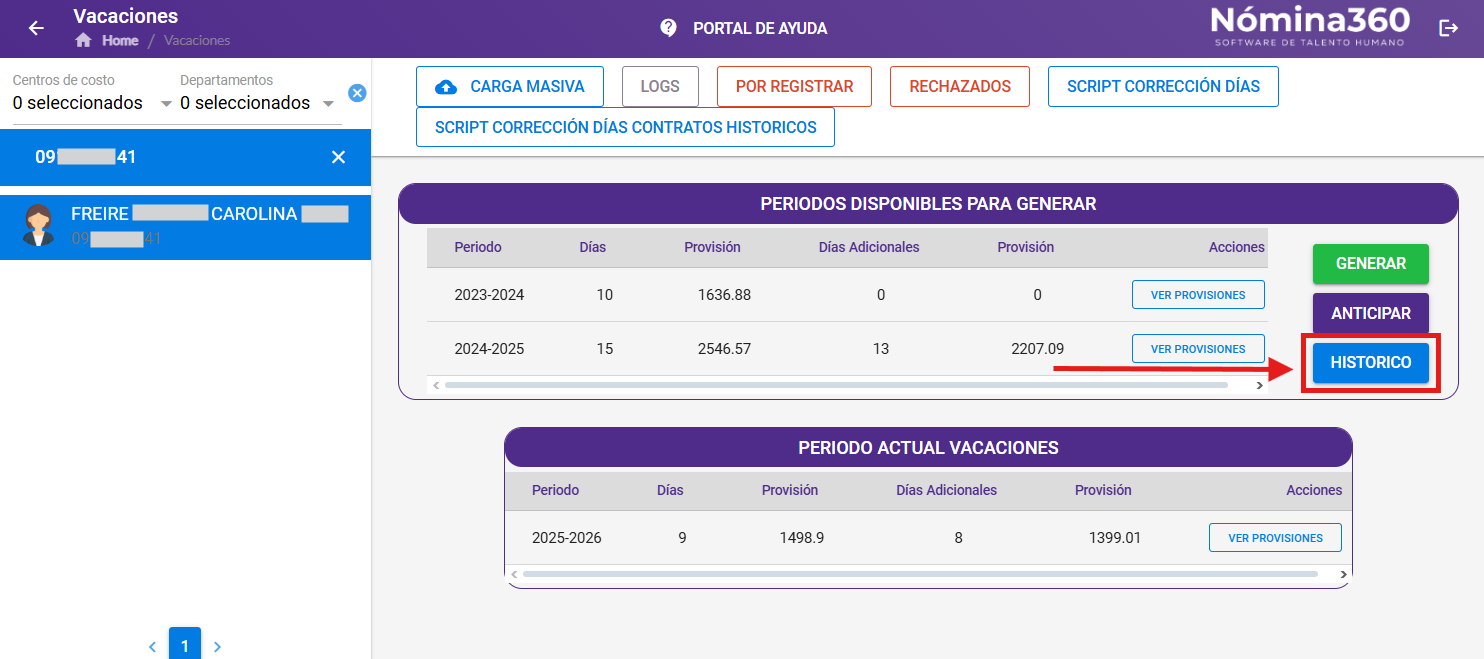 Botón Histórico en la ficha del empleado