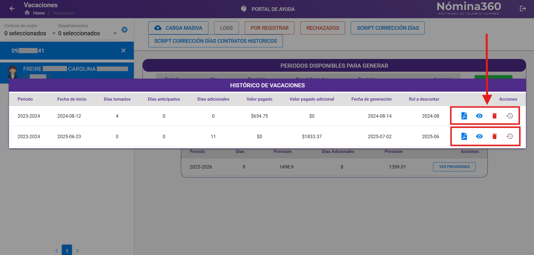 Ventana del Histórico de Vacaciones Generadas con las acciones disponibles