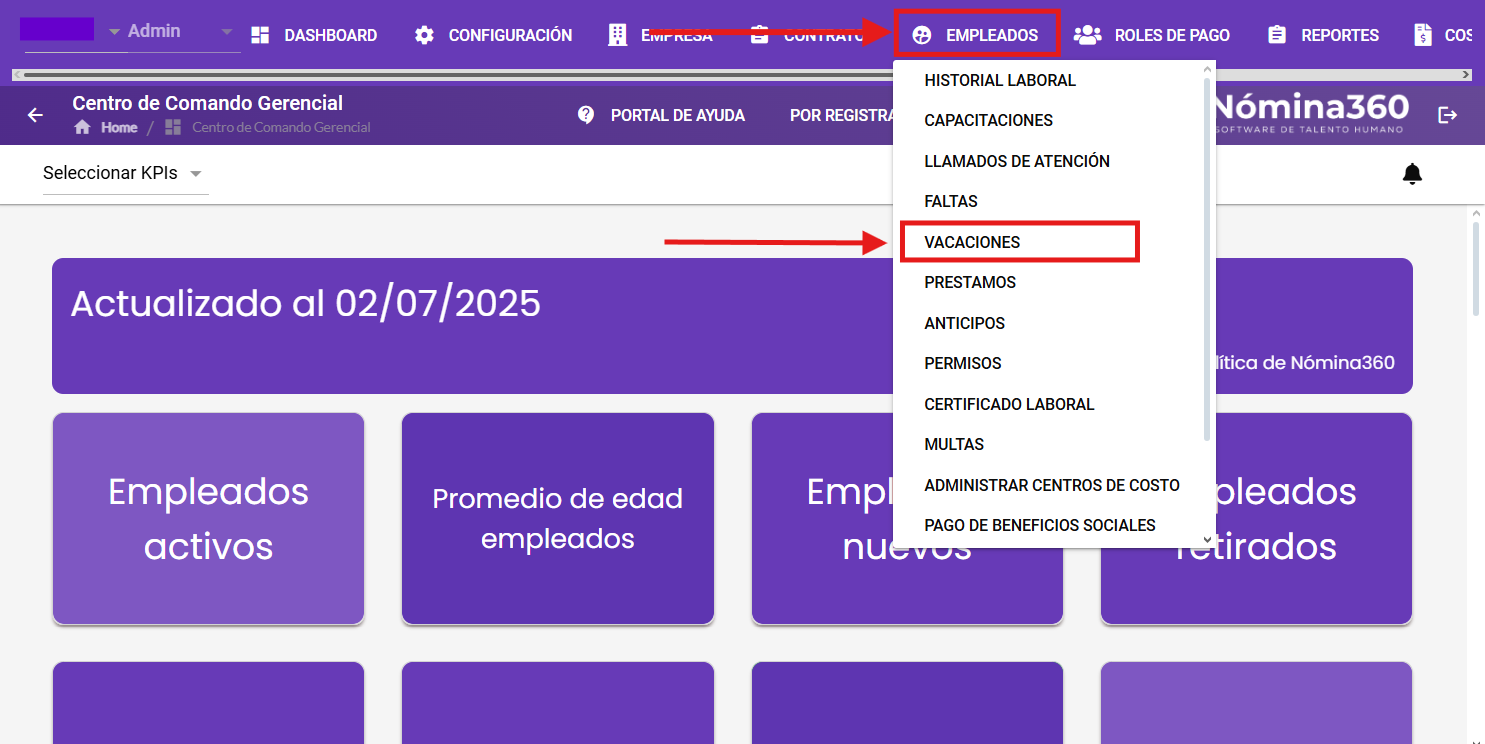 Menú Empleados con la opción Vacaciones