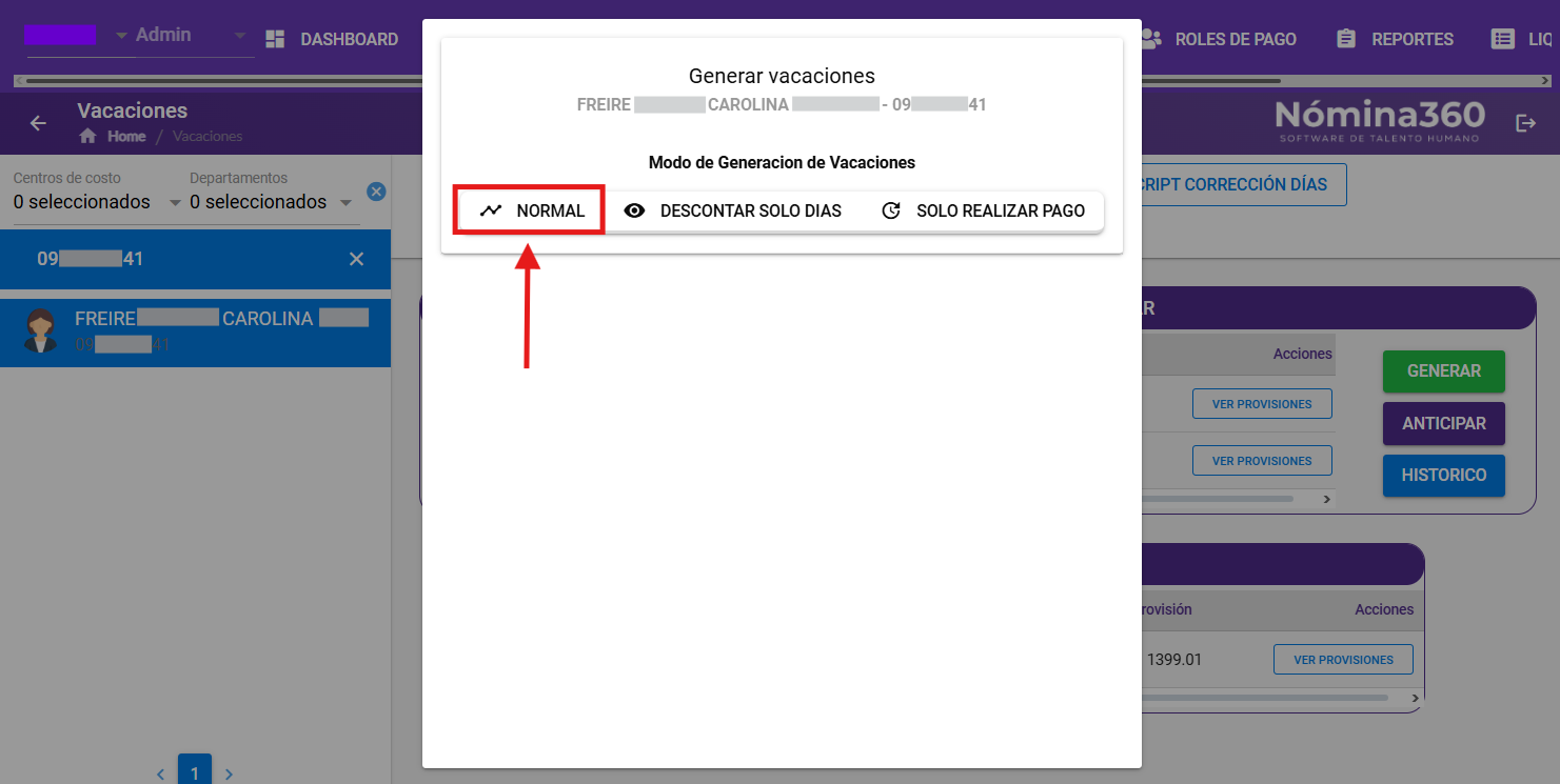 Menú emergente con los tipos de vacación a generar