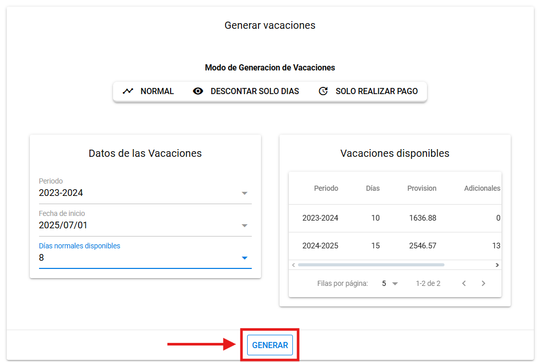 Formulario con período, fecha de inicio, días normales y botón Generar