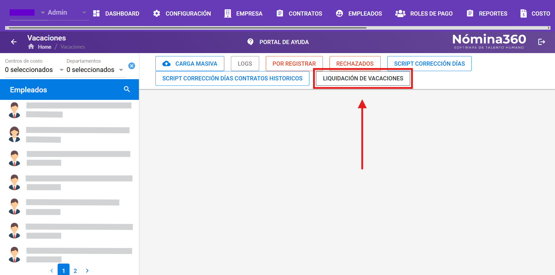 Botón Liquidación de Vacaciones en el módulo de vacaciones