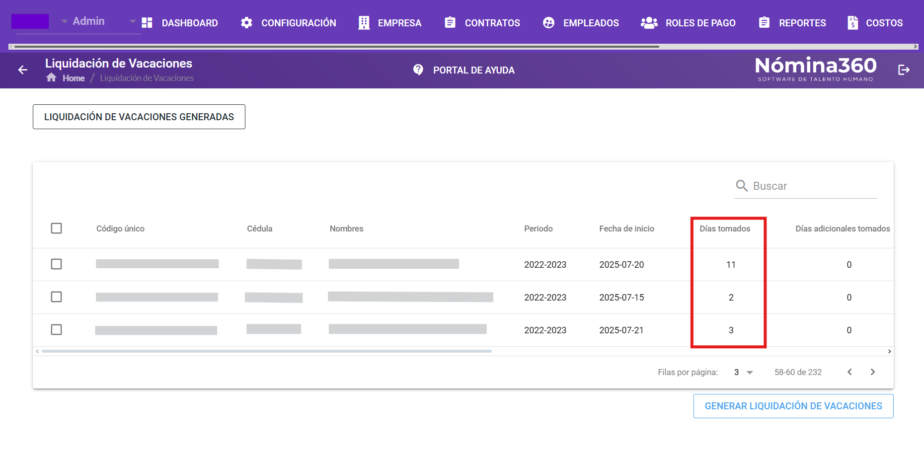 Búsqueda del empleado en la pantalla de Liquidación de Vacaciones