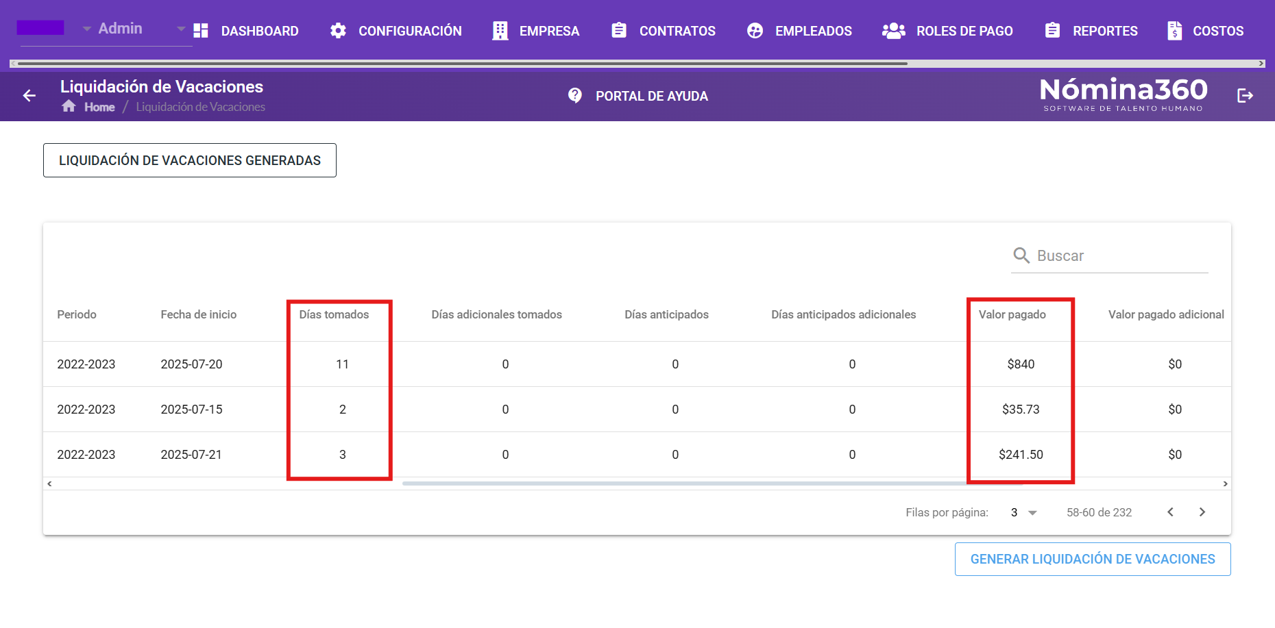 Listado con el valor pendiente de liquidación del colaborador