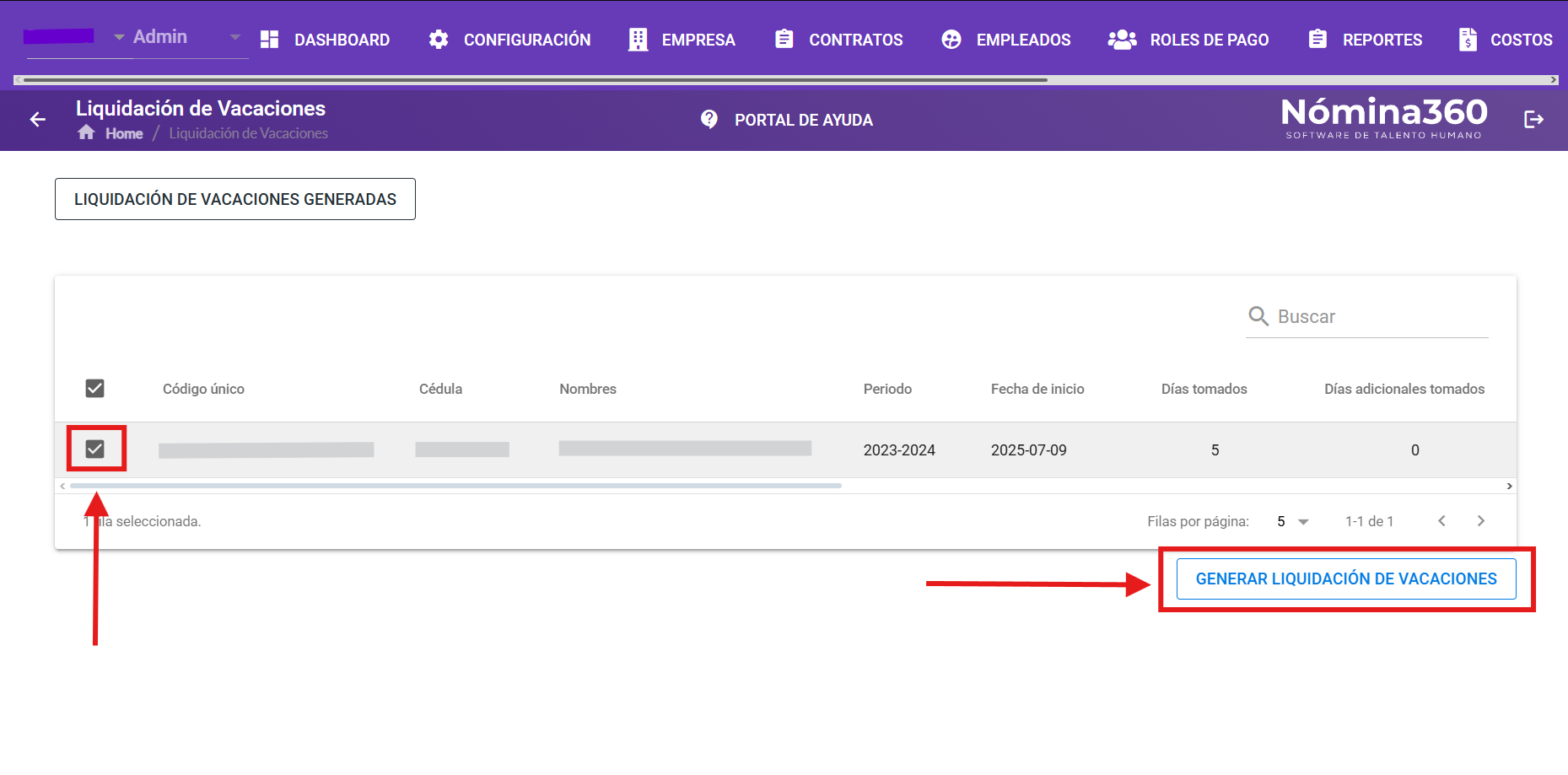 Botón Generar Liquidación de Vacaciones en la pantalla de liquidaciones