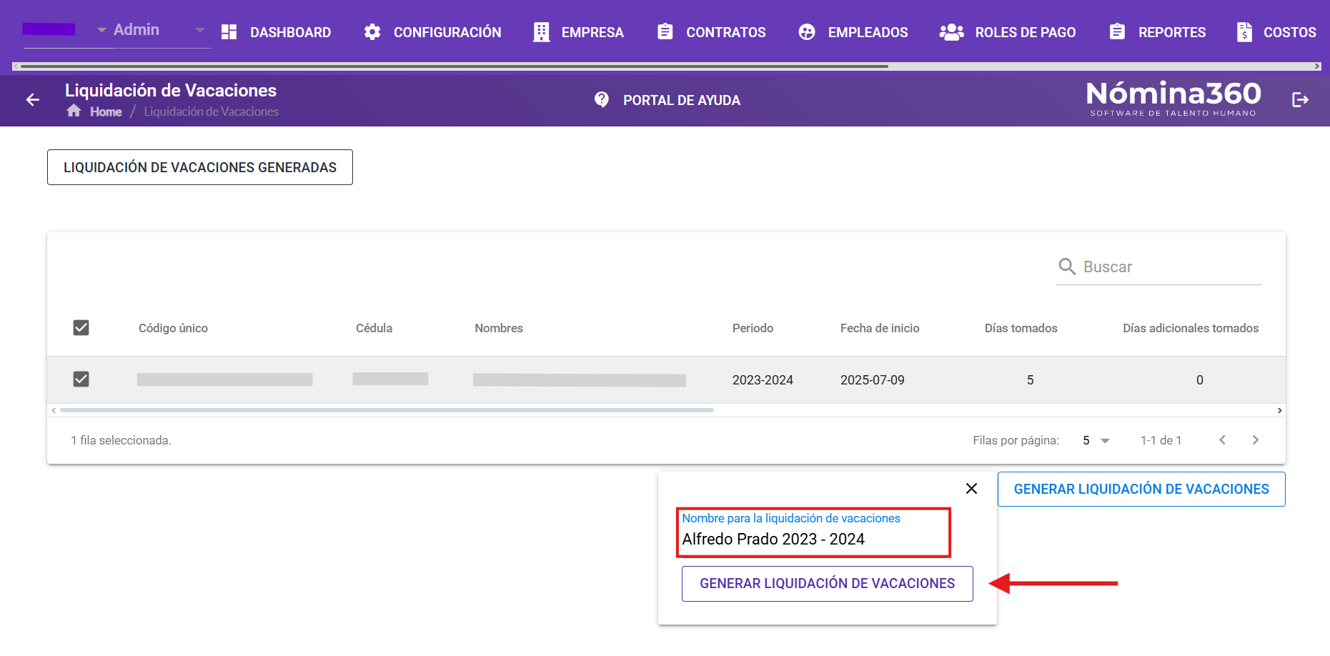 Formulario con el nombre de la liquidación y botón Generar Liquidación de Vacaciones