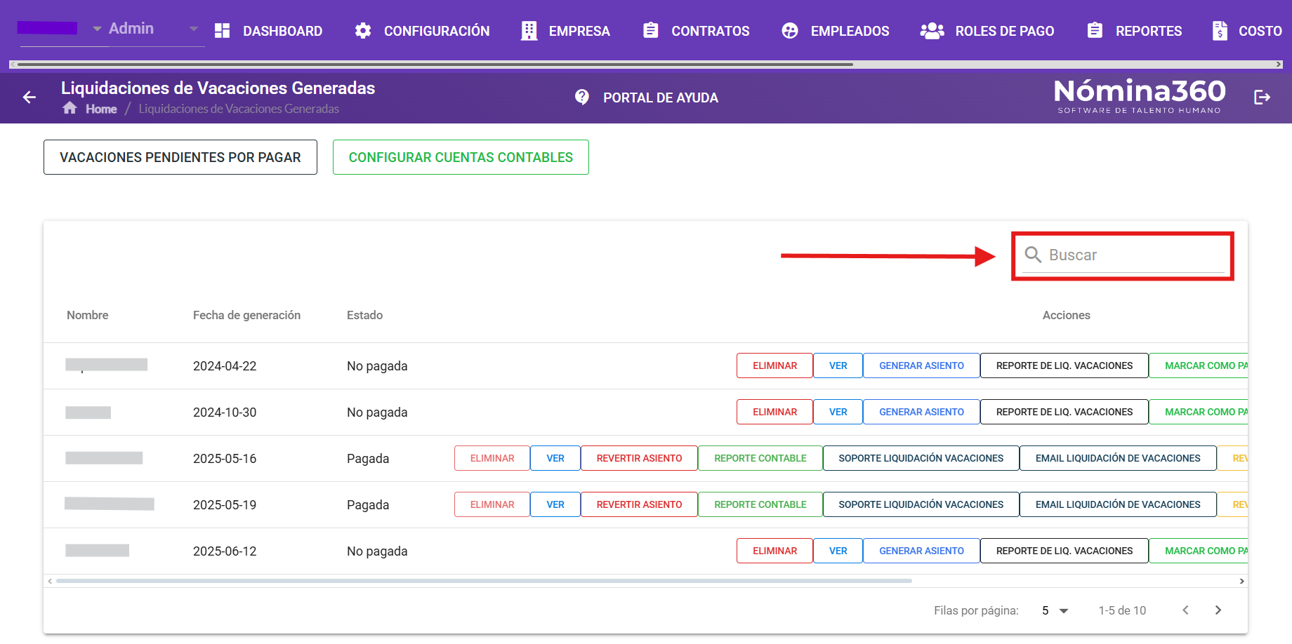Barra de búsqueda con la liquidación recién generada