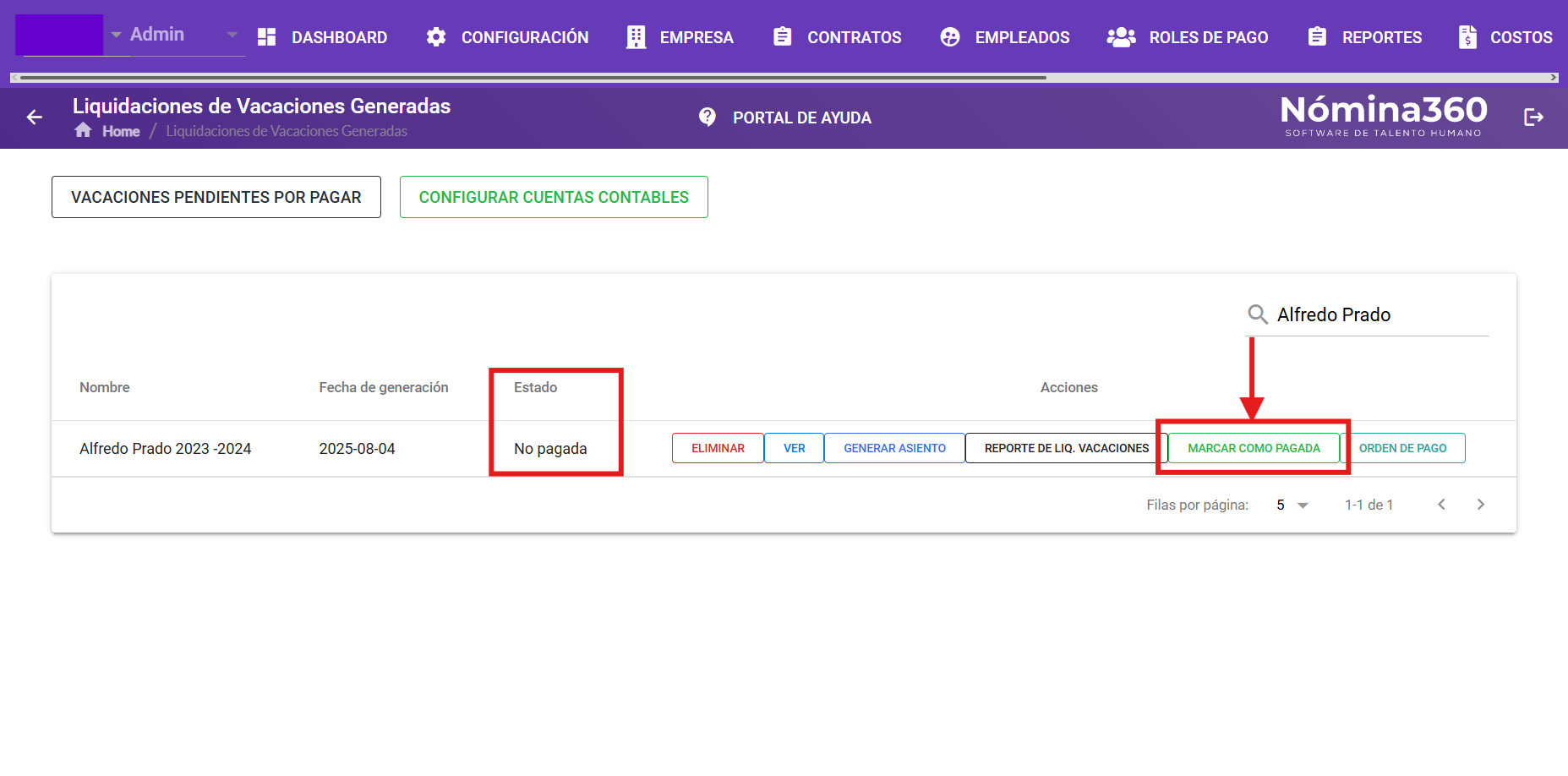 Liquidación generada con estado No Pagado