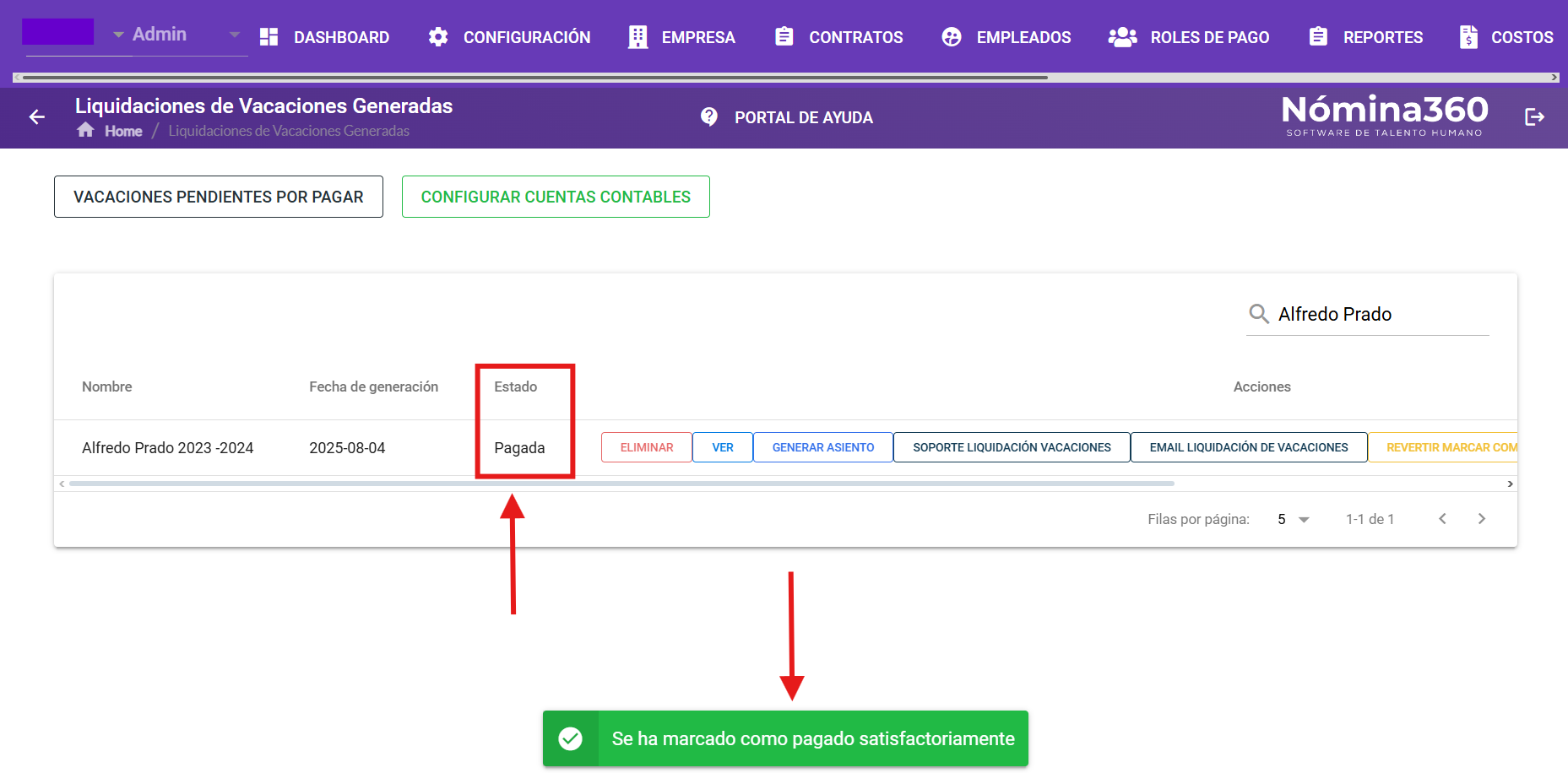 Liquidación con estado actualizado a Pagado