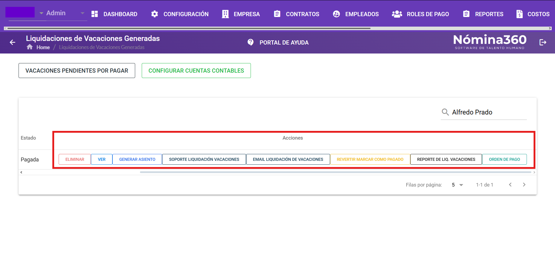 Listado de acciones disponibles por liquidación de vacaciones