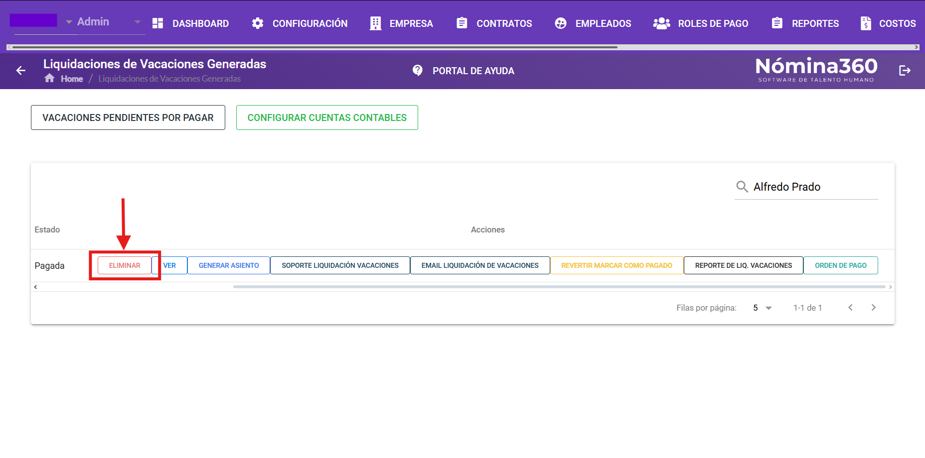 Acción Eliminar de un pago de liquidación de vacaciones