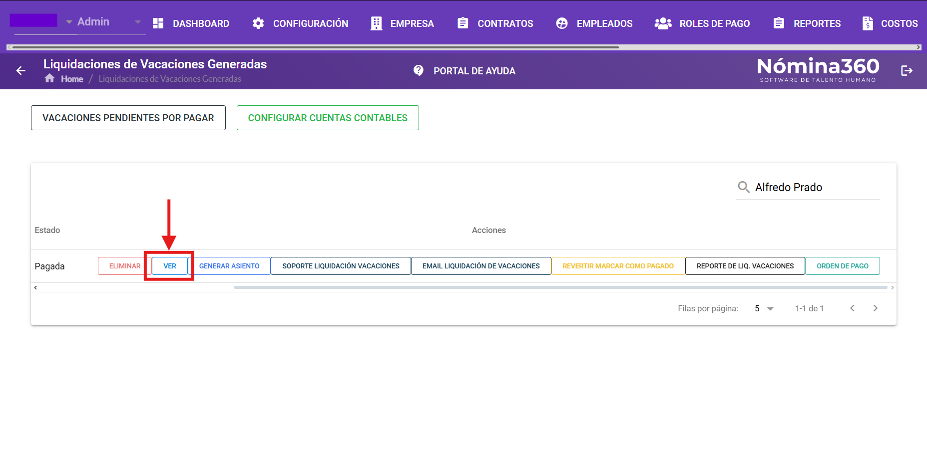Acción Ver con el detalle de la liquidación de vacaciones