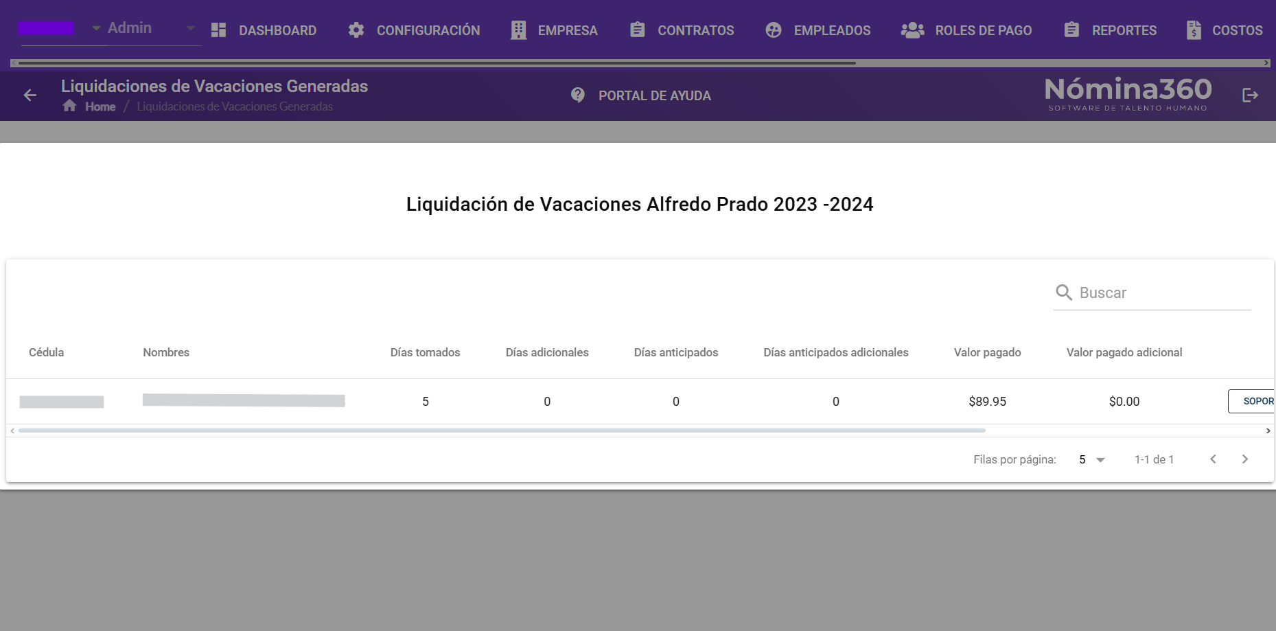 Vista de detalle de la liquidación de vacaciones generada