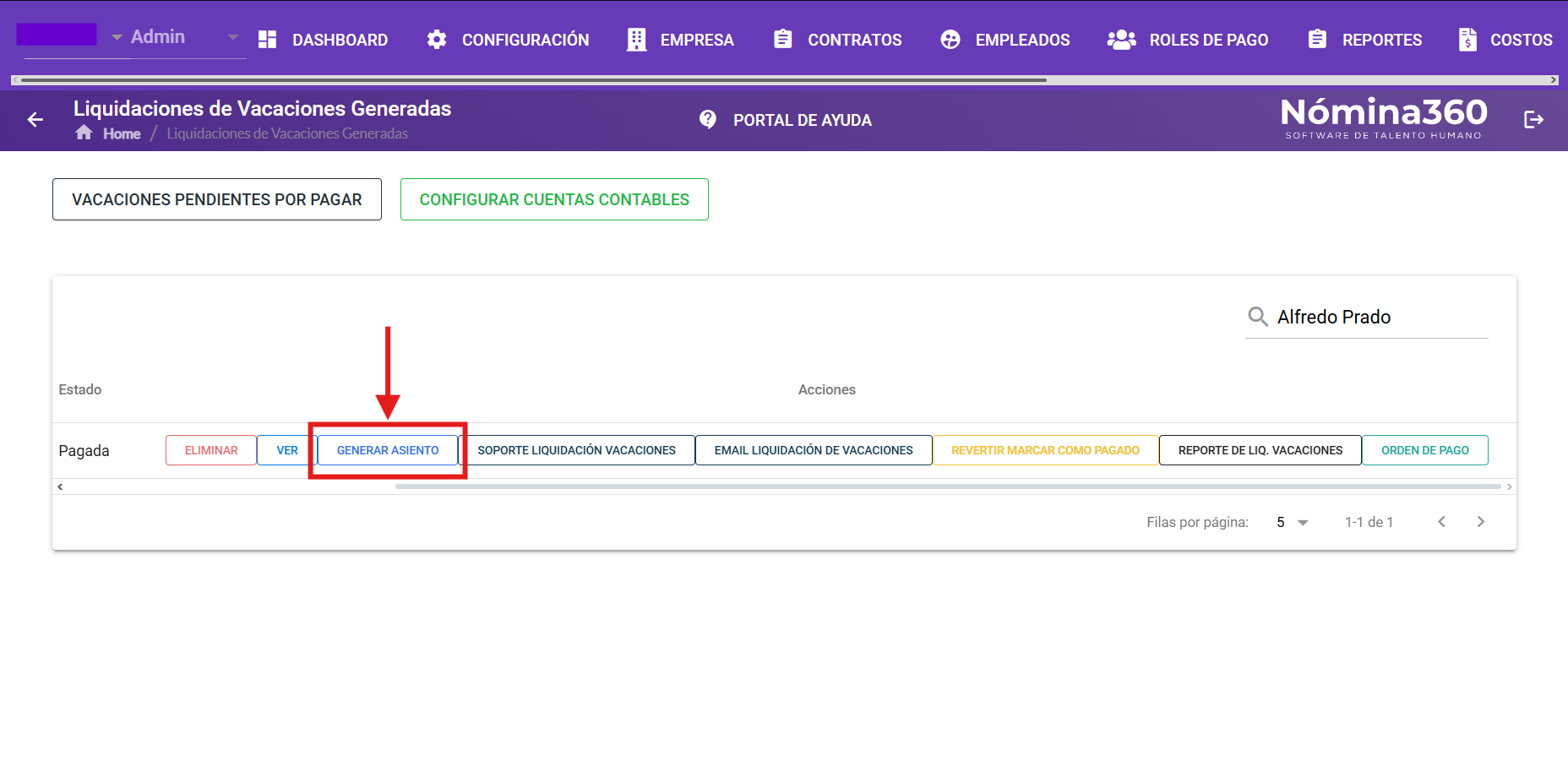 Acción Generar Asiento en la liquidación de vacaciones