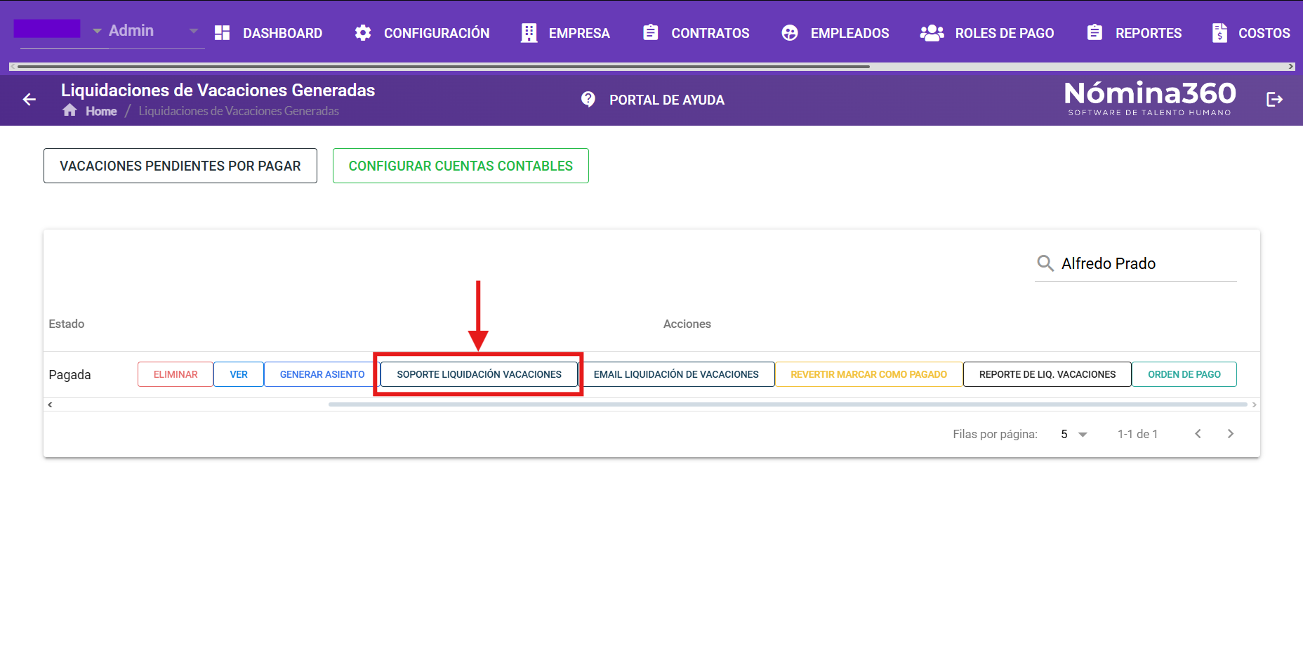 Acción Soporte Liquidación de Vacaciones en formato PDF