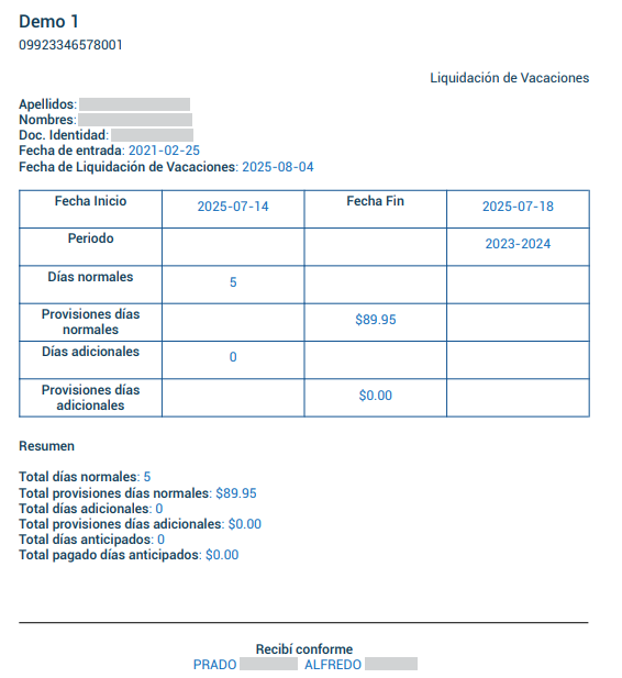 Vista previa del PDF de soporte de liquidación de vacaciones