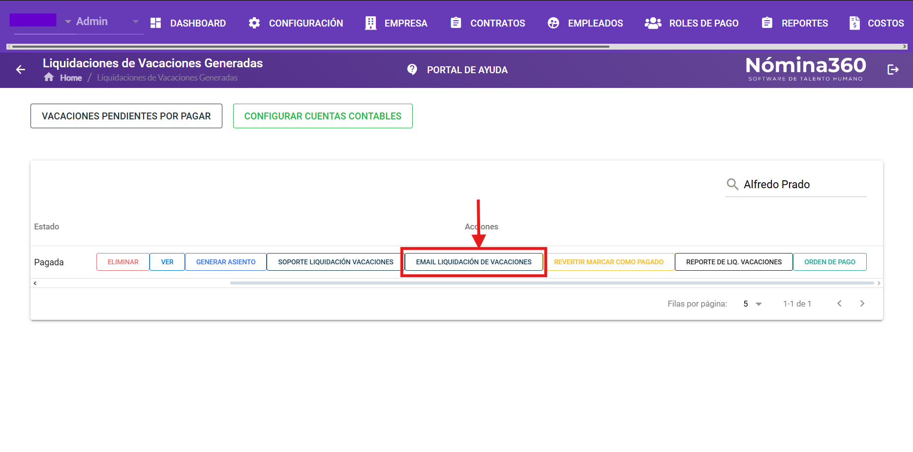 Acción Email Liquidación de Vacaciones