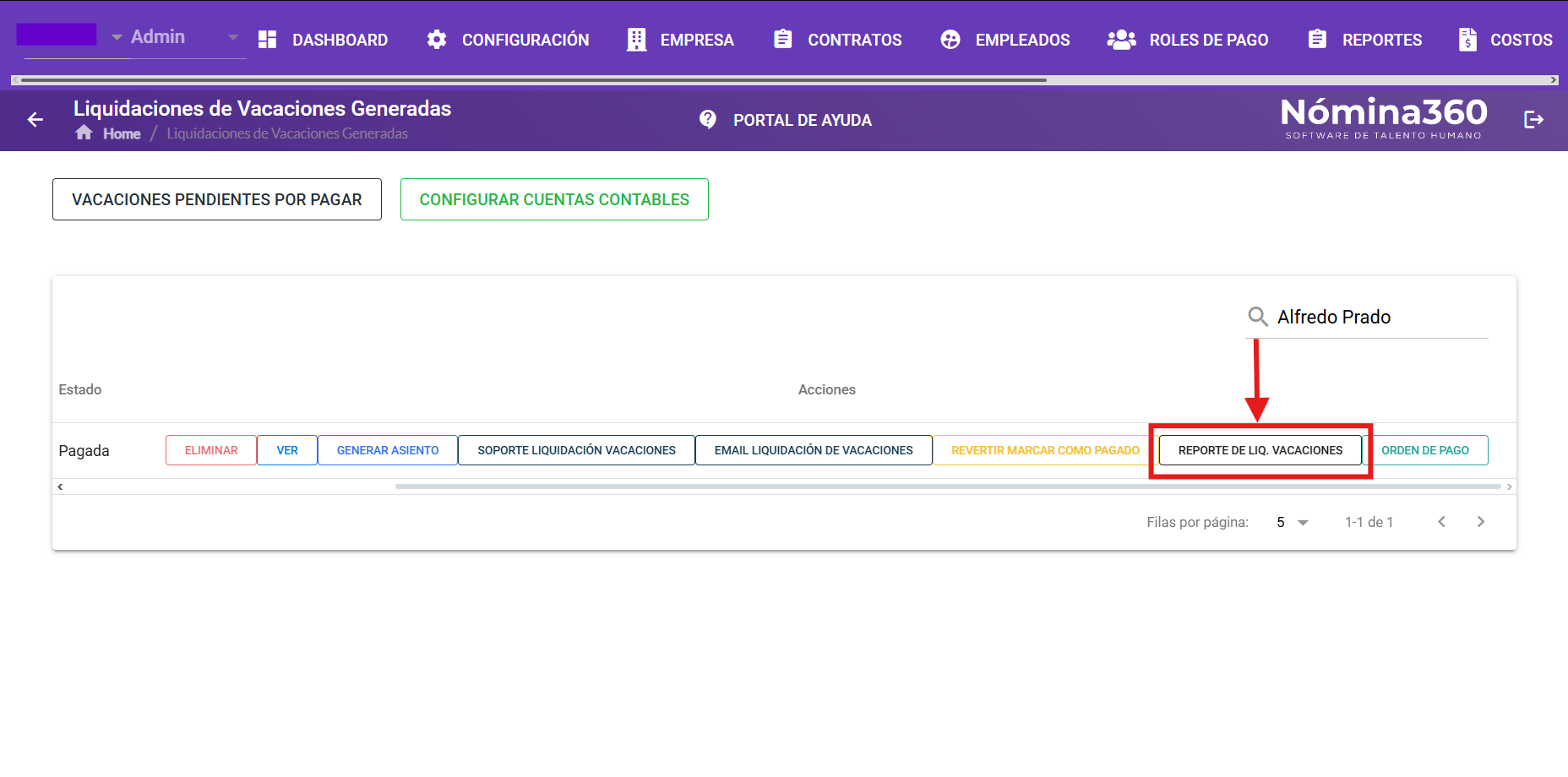 Acción Reporte de Liquidación de Vacaciones en Excel