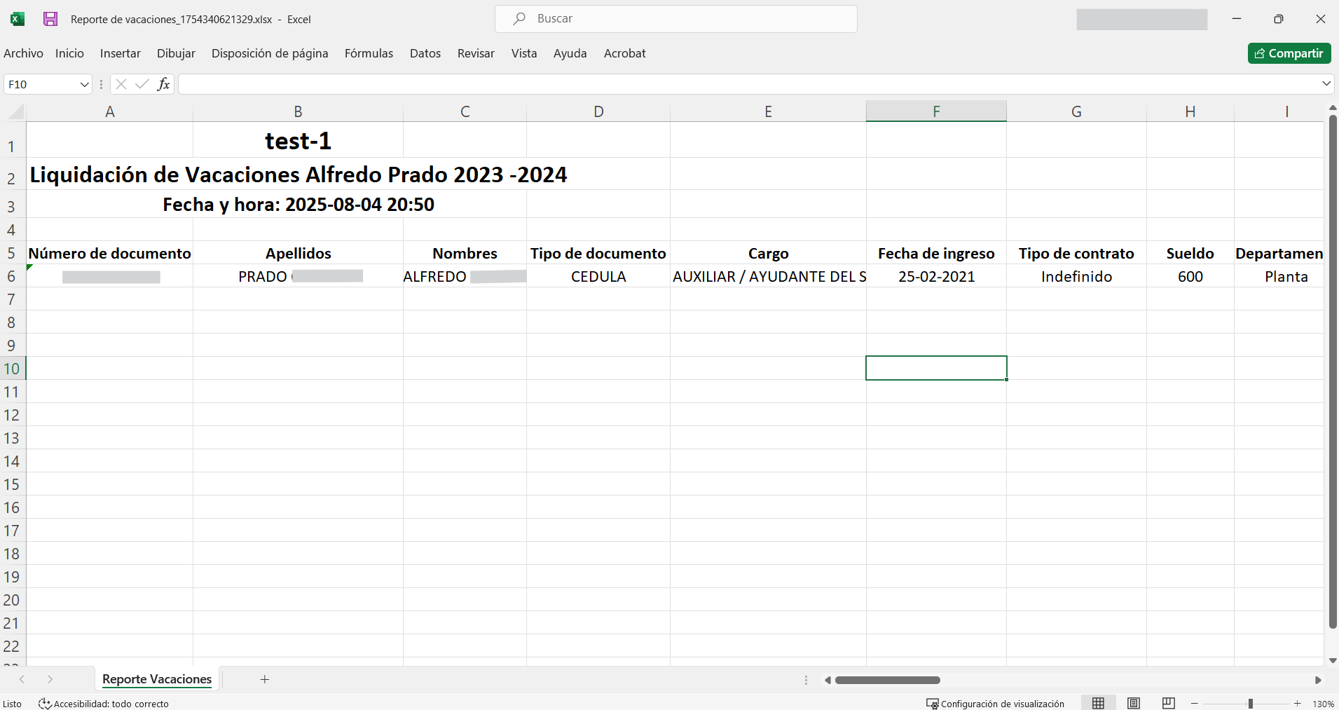 Vista previa del reporte de liquidación de vacaciones en Excel