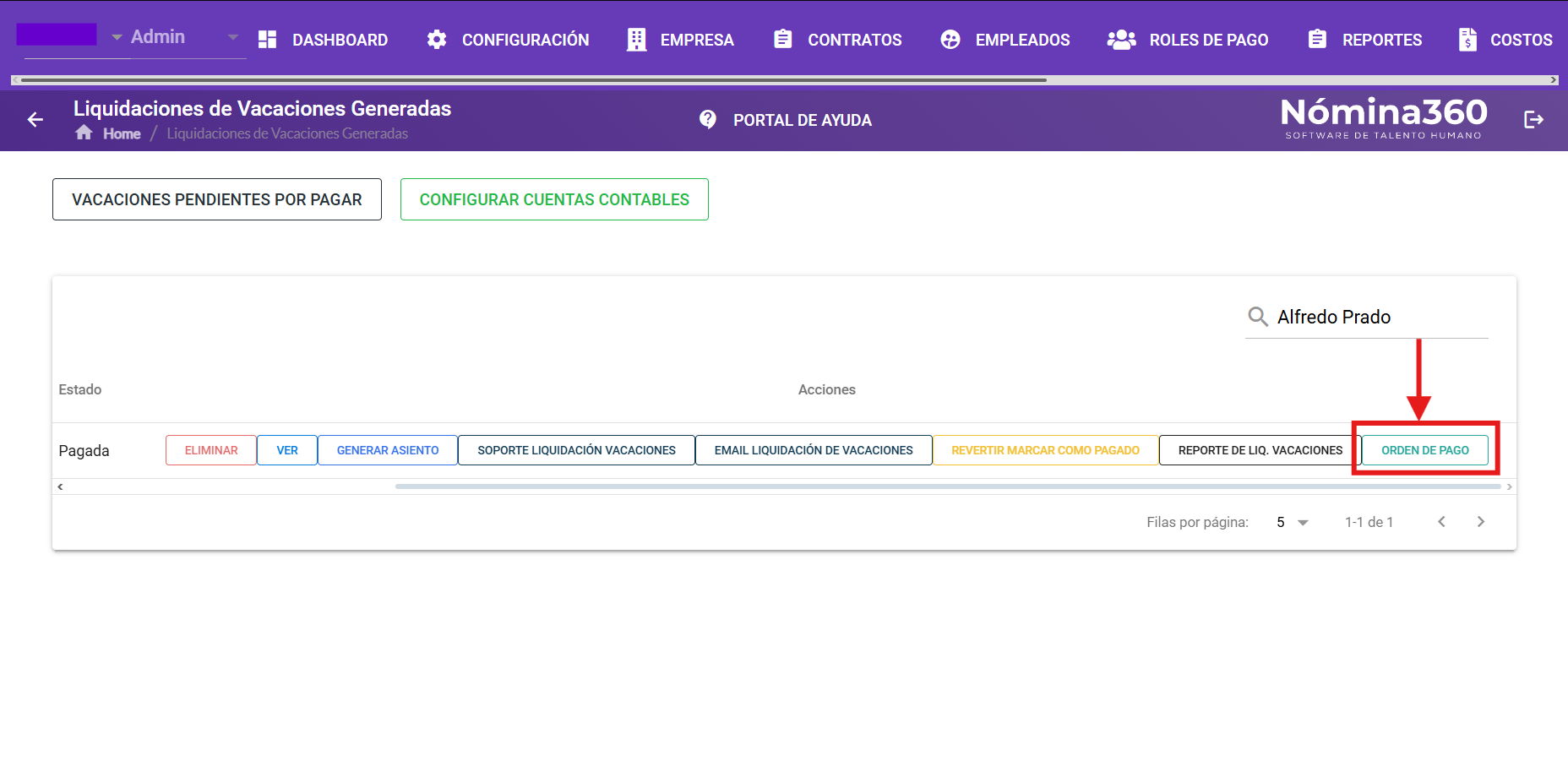 Acción Orden de Pago de la liquidación de vacaciones